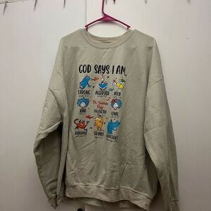 Gildan Beige 'God Says I Am' Graphic Crewneck Sweatshirt Dr. Seuss